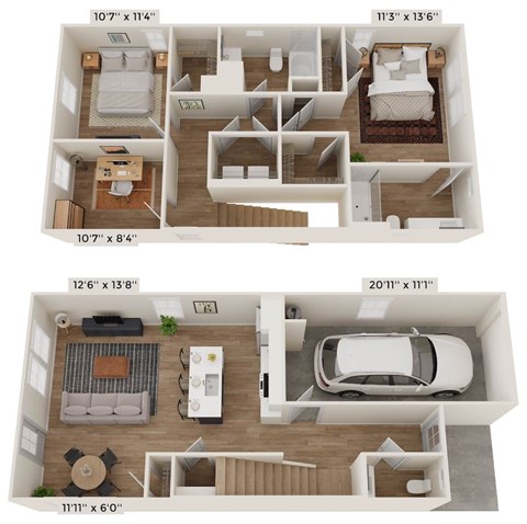 Floor plan for 2 beds, 2.5 baths, 1309 sqft